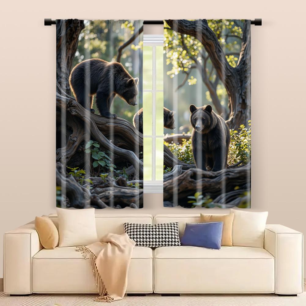 2 Pcs, Filtering Curtains (excluding Rods, Non-movable, Without Batteries) Bears Play In Forest for Use In Bedrooms and Living