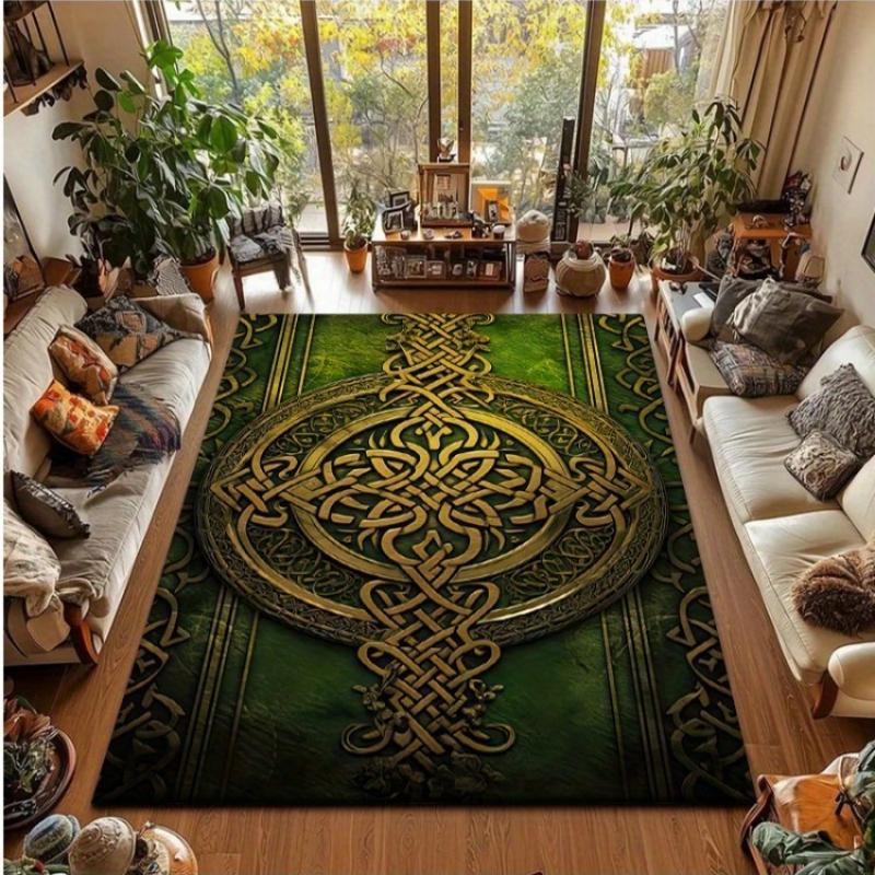 Tappeto a Tema Nodo Celtico Vichingo, Tappetino Antiscivolo con Elegante Motivo Verde e Oro per Camera da Letto Soggiorno Decorazione per la Casa Tappeto