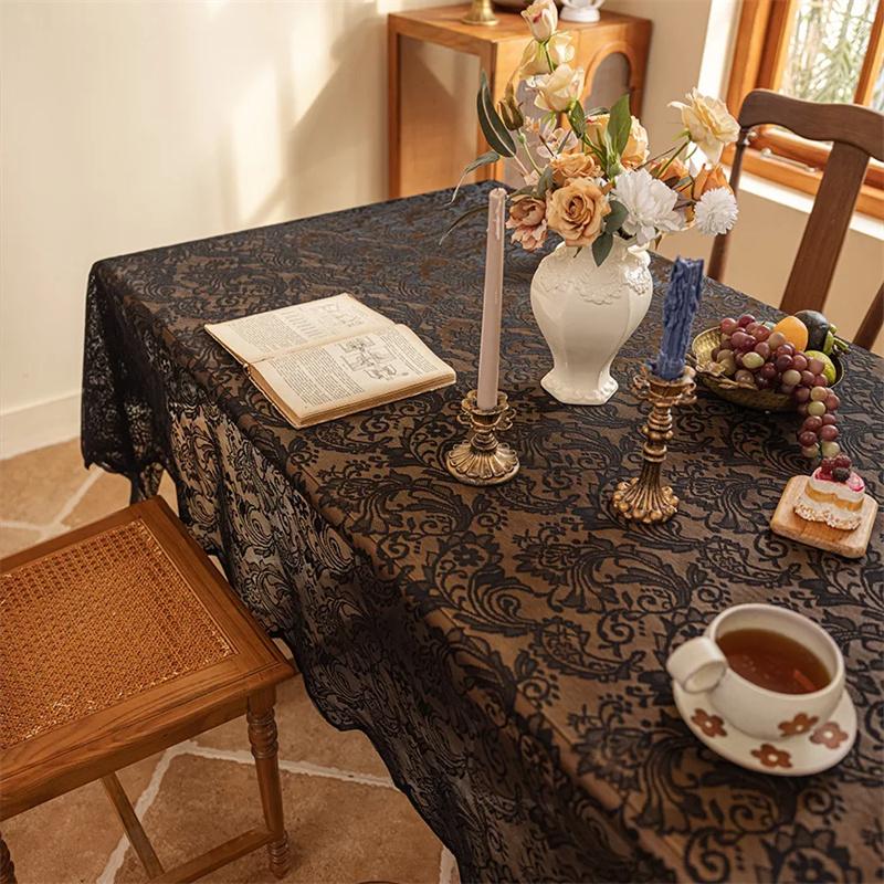 1pc Black Lace Tablecloth with Phoenix Tail Flower Embroidery for A Wedding, Suitable for Outdoor Parties and Home Decoration