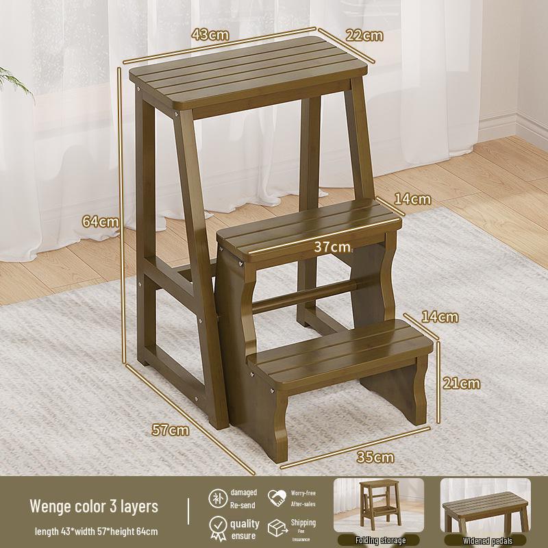 Multi-Functional Folding Indoor Wooden 2-in-1 Step Stool and Ladder - Three-Step Small Climbing Chair