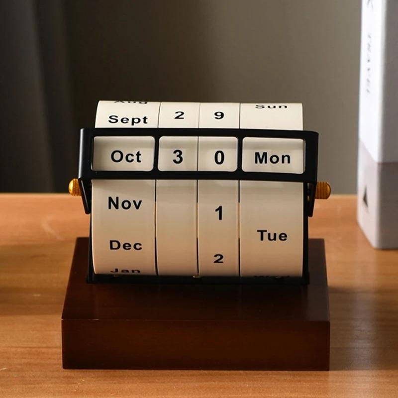 Perpetual Desk Calendar, Manual Rotary Table Calendar with Wooden Base, Vintage Style Home Office Decor,