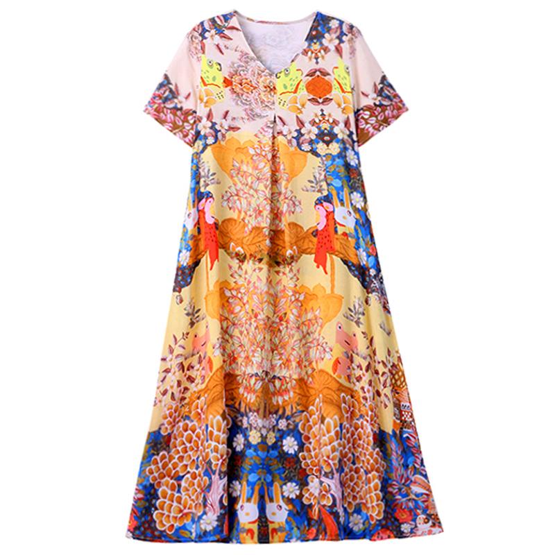 Women's Plus Size V-Neck Floral Long Dress – Short Sleeve Loose Fit Casual Dress with Pockets (Sizes XL-5XL)