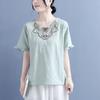 Summer Cotton and Linen Neckline Floral Embroidered Wood Earrings Short-sleeved T-shirt for Women Chinese Style Retro Loose Thin Top