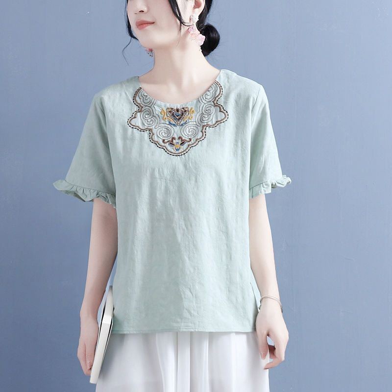 Summer Cotton and Linen Neckline Floral Embroidered Wood Earrings Short-sleeved T-shirt for Women Chinese Style Retro Loose Thin Top