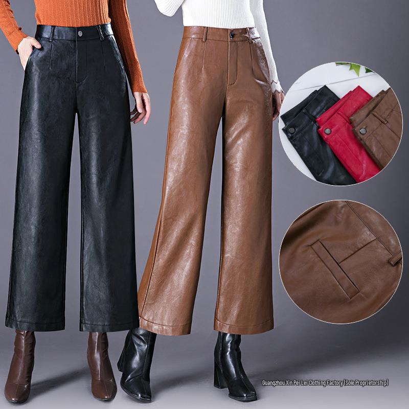 Women's High Waist Sheepskin Straight Leg Leather Pants - Slimming Nine-Point Wide Leg (Autumn/Winter 2025 Collection)