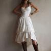 Women's Casual Lace Trim Spaghetti Strap Tiered Dress with Back Tie
