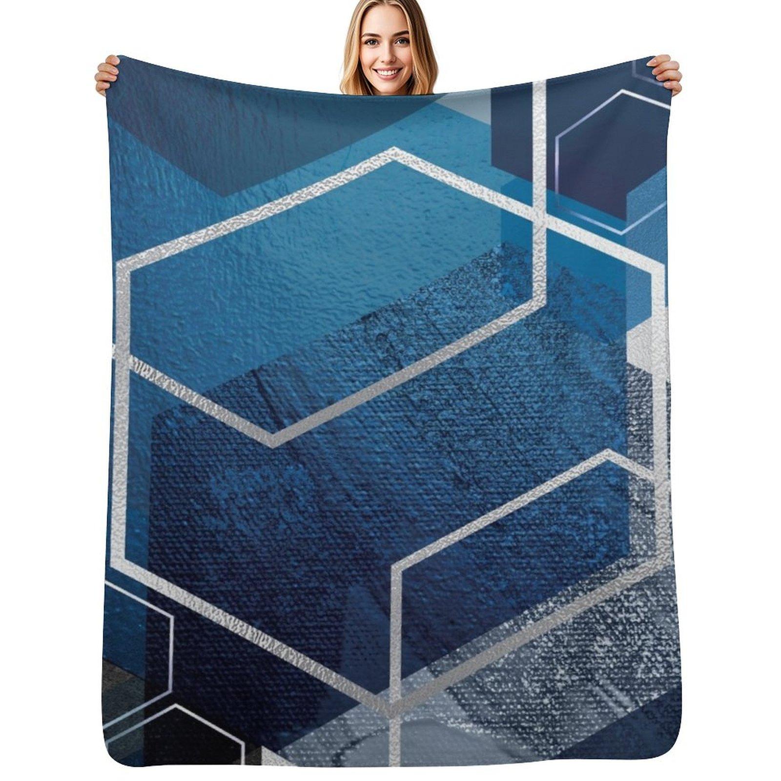 Blue Hexagonal Geometric Throw Blanket Multi Use Warm Blanket for Living Room Bedroom Size: 75*100cm, Weight: 230 GSM