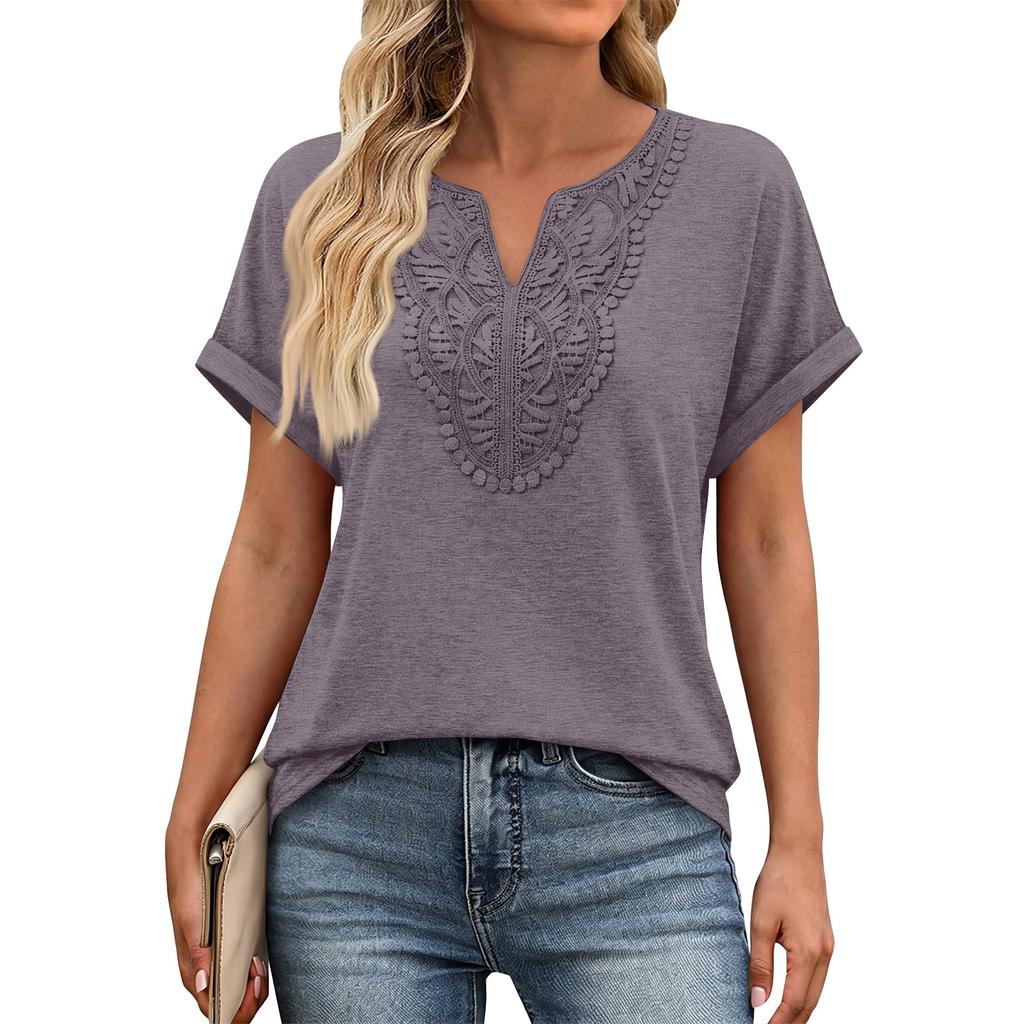 Women V Neck Short Sleeve Top with Embroidered Front Casual Loose Fit Bohemian Style Lightweight Summer Shirt Blouse