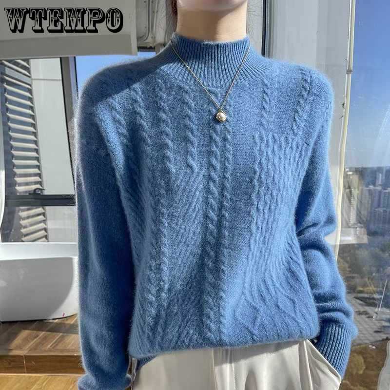 Half High Neck Sweater for Women Slim with Thick Knit Sweater for Warmth Long Sleeved Twisted Flower Pullover for Autumn and Winter