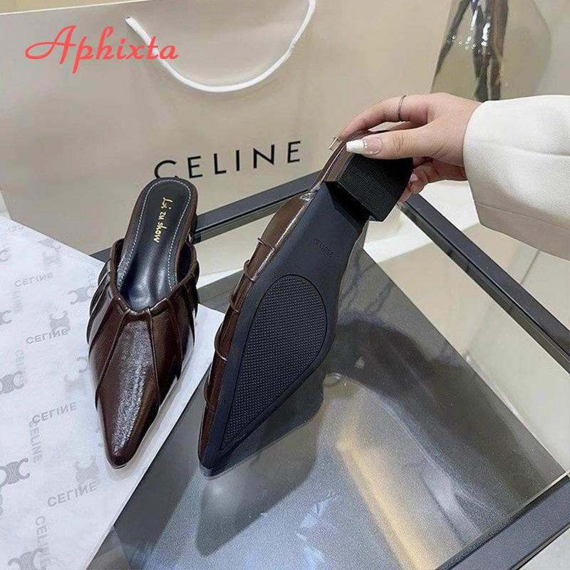 Aphixta High Heels Elegant Women Slides Pointed Toe Shallow Summer Dress Slides Sexy Pleated Design Patent Leather Slipper Shoe