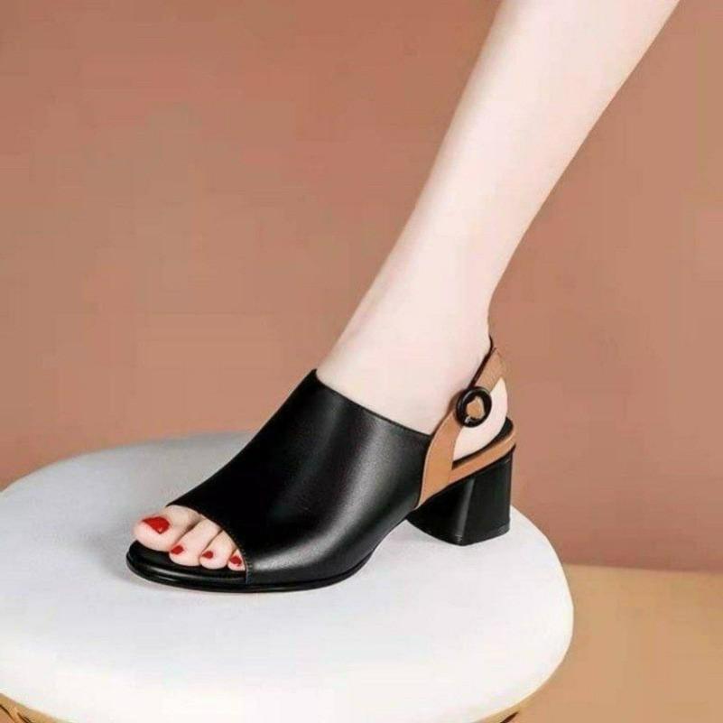 Сандалии с пряжкой в виде рыбьего рта подобранной по цвету задней части женские сандалии на толстом высоком каблуке 41 чёрный 1960₽