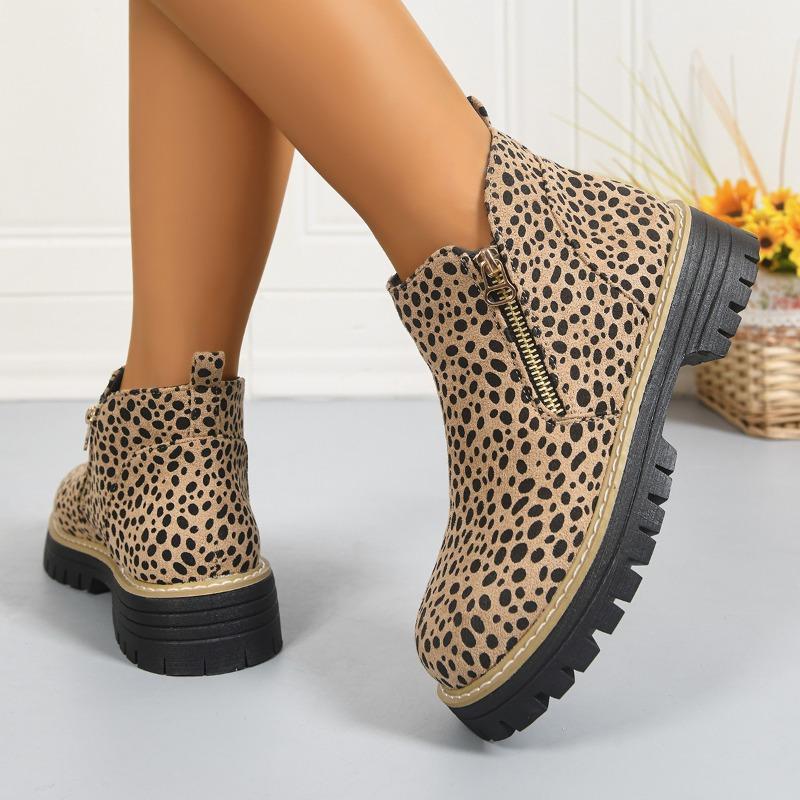 Plus Size Leopard Print Platform Martin Boots 2025 Winter New Side Zipper Round Toe Booties for Women
