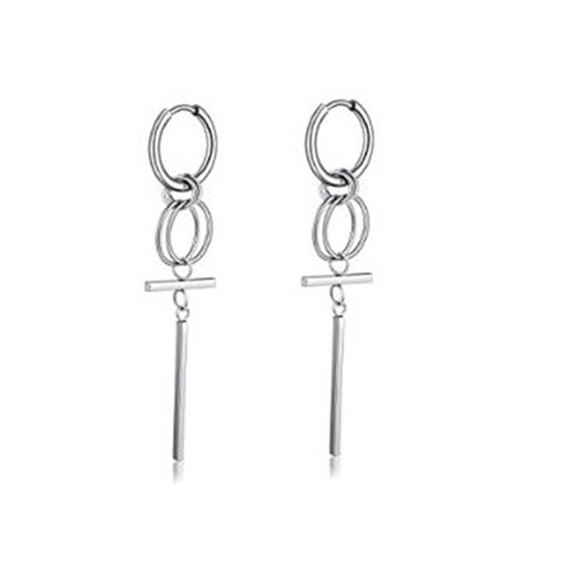 2pcs/set Black Or Silvery Unisex Punk Stainless Steel Cross Cone Feather Chain Pendant Hoop Earrings Ear Stud Jewelry Set