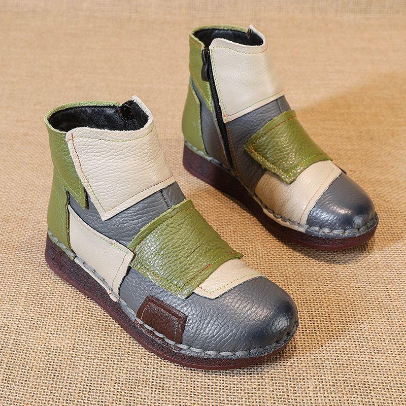 Vintage patches genuine leather ankle boots woman luxury snow shoes waterproof short plush boot women autumn booties lady flats