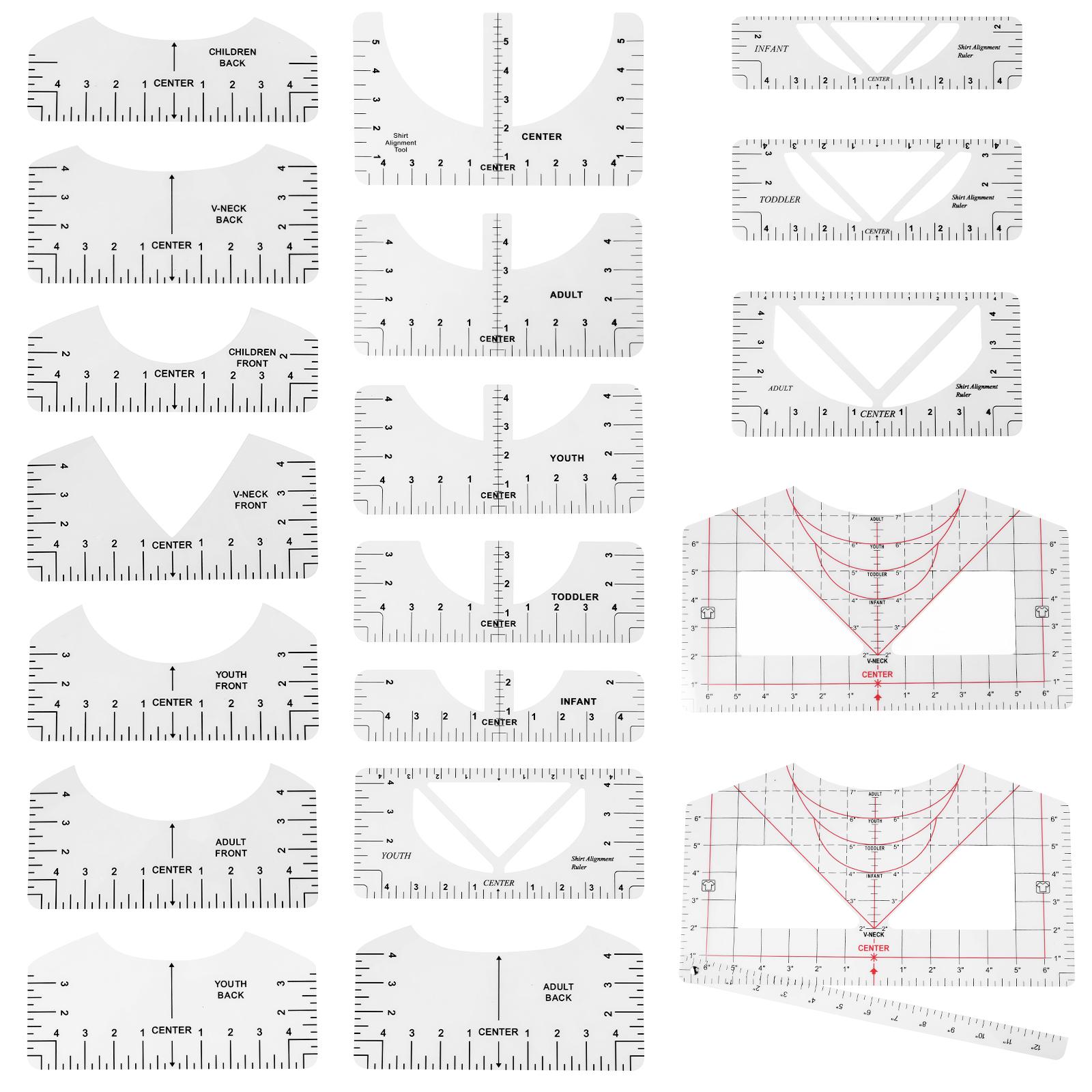

19 шт. Пластиковая линейка-направляющая для футболок, линейки для выравнивания футболок, легкий инструмент для выравнивания рубашек для измерения V-образного выреза, передней и задней части