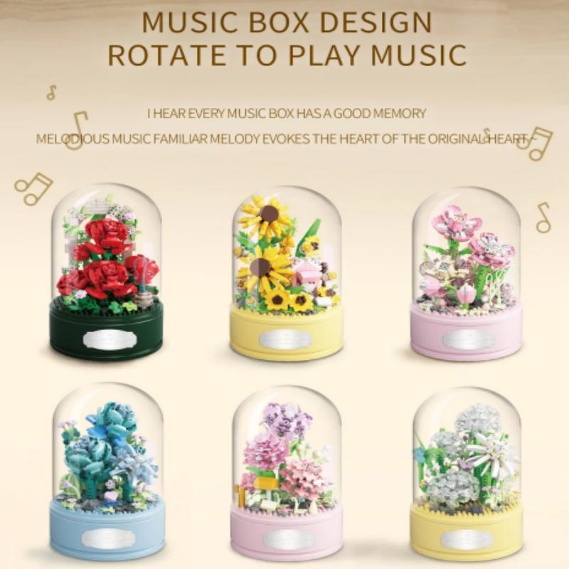 Flower Spinning Music Box Blue Sunflower Pink Creative Office Decoration Building Block DIY Toy Gift