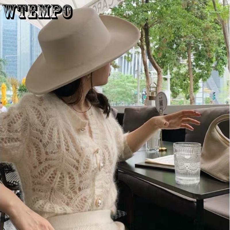 WTEMPO Dámský svetr s dlouhým rukávem jaro podzim vydutý měkký pohodlný úplet Volné elastické topy s knoflíkem nahoru