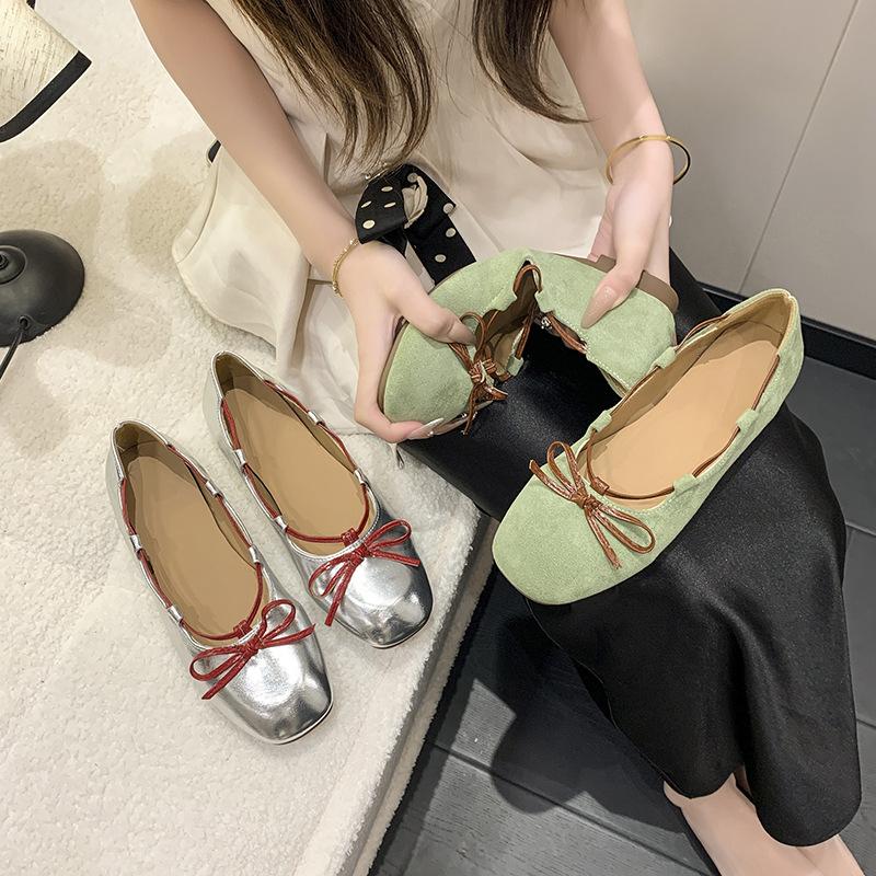 French bow round head ballet shoes women's 2025 new contrasting color matte flat Mary Jane shoes light mouth single shoes