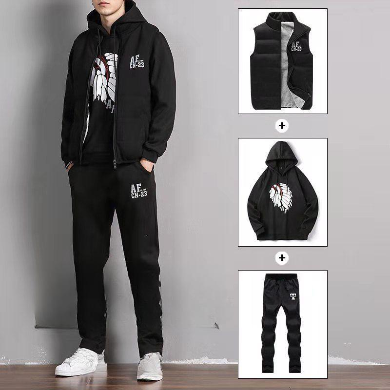 3-teiliges Set Kapuzenpullover + Weste + Hose Lässiger Herren-Trainingsanzug Kleidung Mäntel Winter Dicker warmer Trainingsanzug für Männer Bedruckte Herren-Set Weste