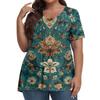 Women's Fashion Casual V-Neck Pullover Short Sleeve Large Size Vintage Printed Top