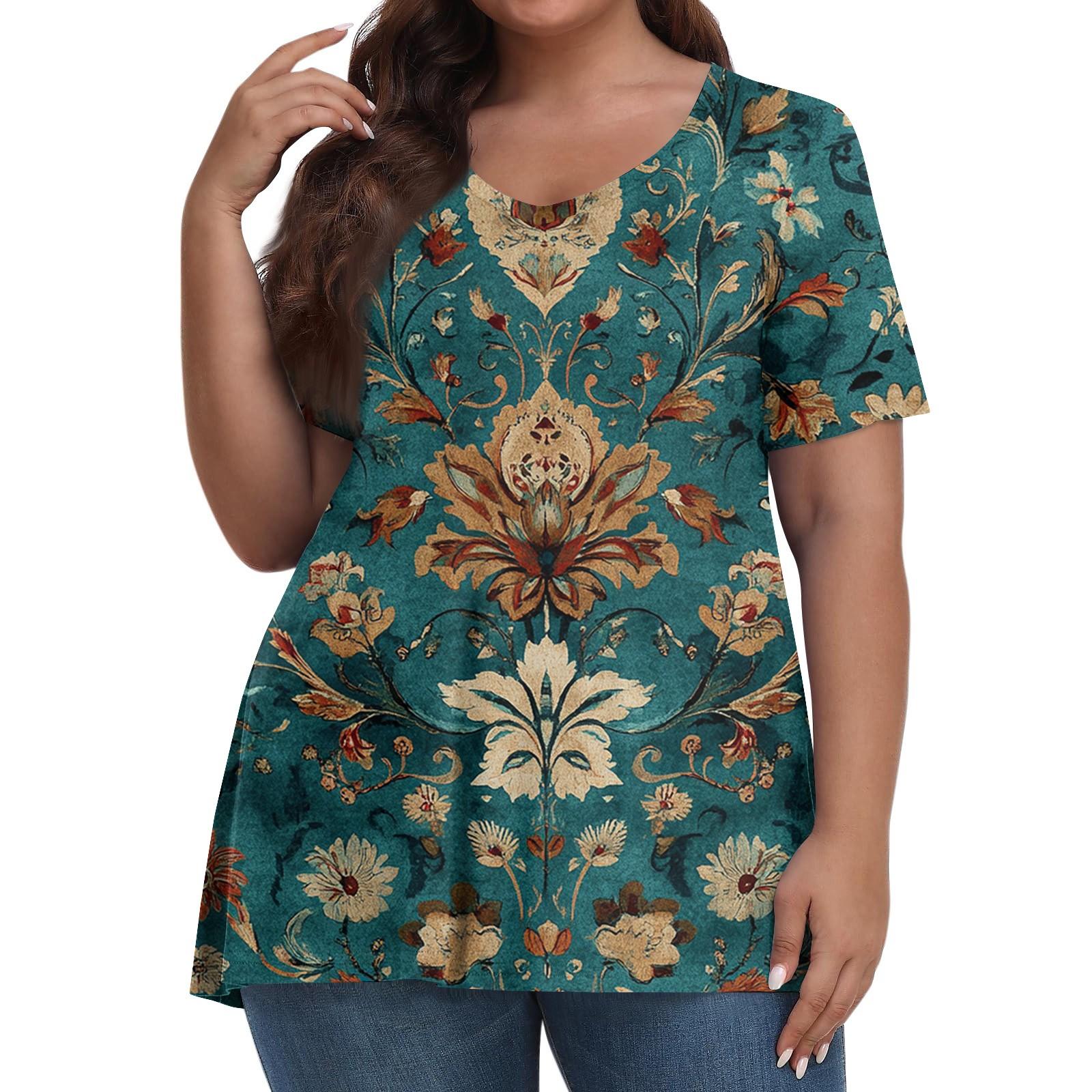 

Женская мода повседневный пуловер с V-образным вырезом короткий рукав большой размер винтажный принтованный топ XXXXXL тёмно-синий