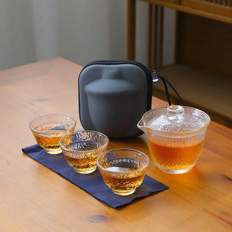 

Portable Glass Travel Tea Set, Quick Cup, Camping, Outdoor Travel, Tea Brewing Teacup, One Teapot with Three Cups