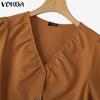 VONDA Summer Women V Neck Short Sleeve Side Drawstring Buttons Up Casual Blouse