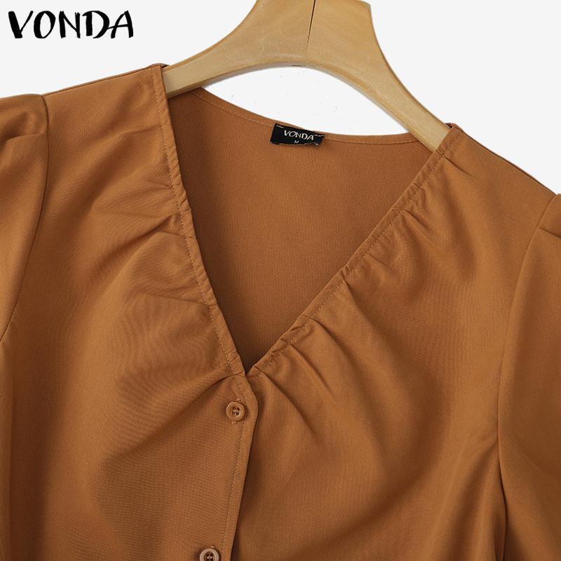 VONDA Summer Women V Neck Short Sleeve Side Drawstring Buttons Up Casual Blouse