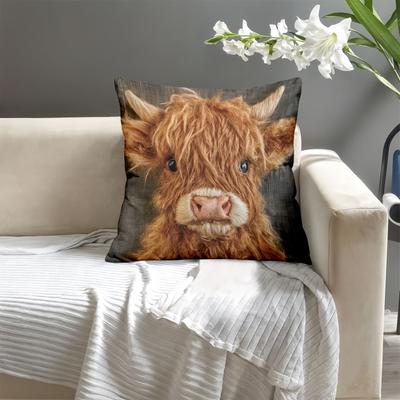 4pc 18x18 Inch Ultra-Soft Short Plush Cute Highland Cow Design, Single-Sided Printing, Zipper Closure, Machine Washable, Modern Style Room Decor