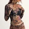 Camiseta de Malla de Manga Larga con Estampado Floral para Mujer, Corte Ajustado