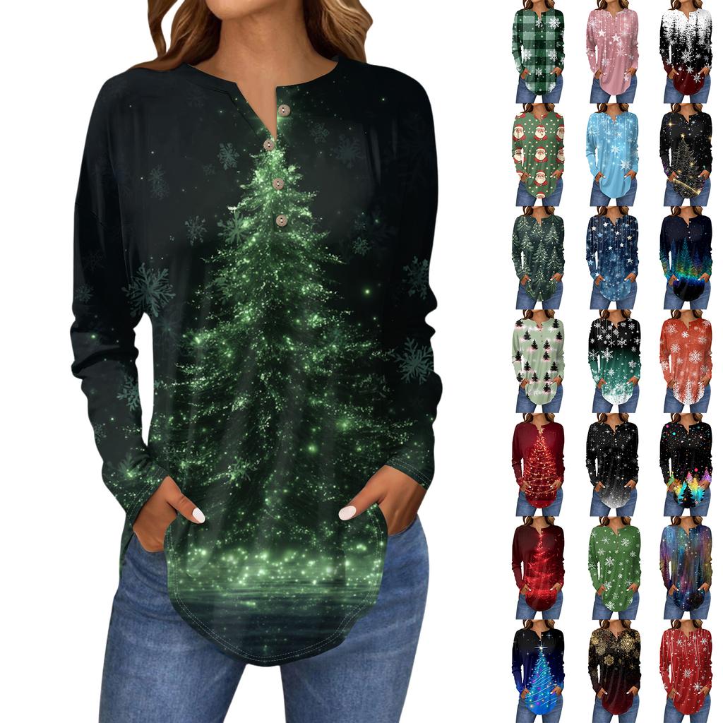 Damska modna bluzka o luźnym kroju z kołnierzykiem zapinanym na guziki i świątecznym nadrukiem z długim rękawem