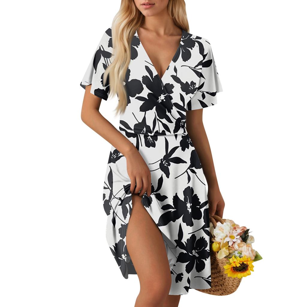 Women's Summer Dress Loose Beach Vacation Casual Deep V Neck Short Sleeve Dress Elegant Dress