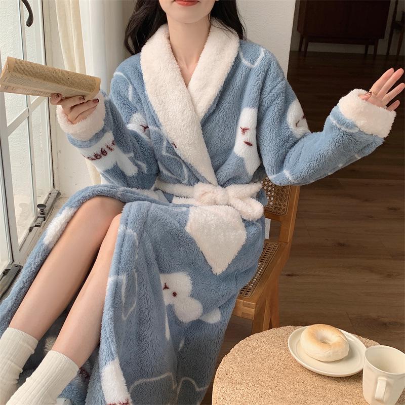 Autumn/Winter Women's Coral Fleece Bathrobe: V-neck, Belted, Long Sleeves, Mid-length, Sweet Style, Warm Homewear.