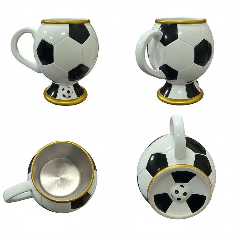 Einzigartige 3D-Fußballharz-Tasse mit hochwertigem Edelstahl-Innenleben für Heiß- und Kaltgetränke, Kaffee-Trinkbecher