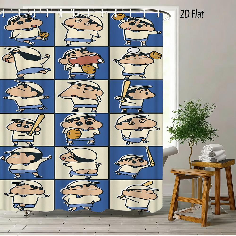 Crayon Shin-Chan Ufo & Shiro 2D Print Waterproof Shower Curtain, Green Anime Bathroom Decor With Hooks