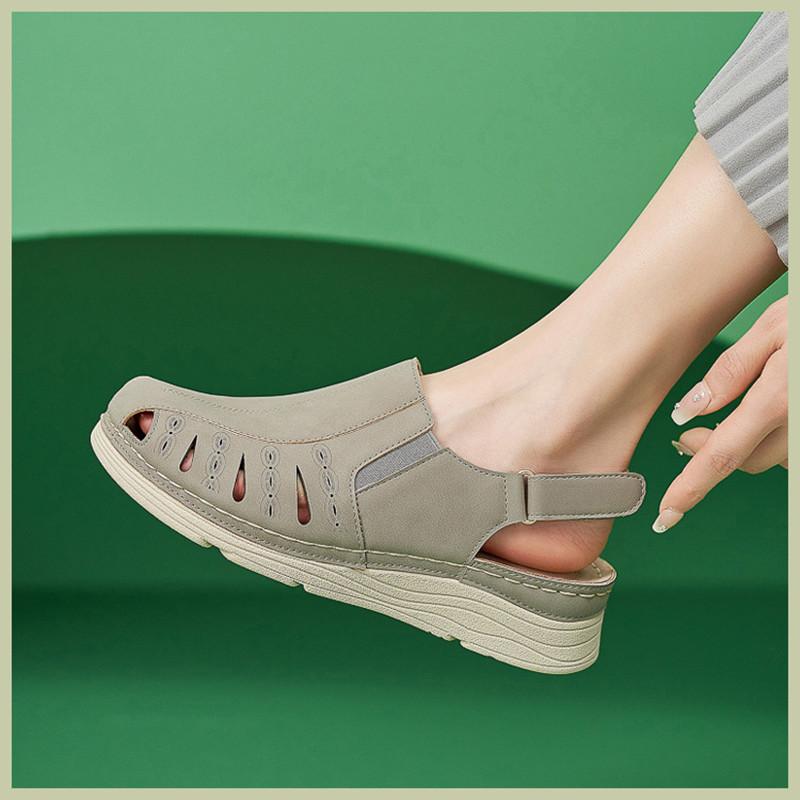 fashion Brand Casual Summer 2024 Retro Wedge Closed Toe Sandals Women Sewing Thread Buckle Hook Loop Shoes Mid Heel Non Slip Soft