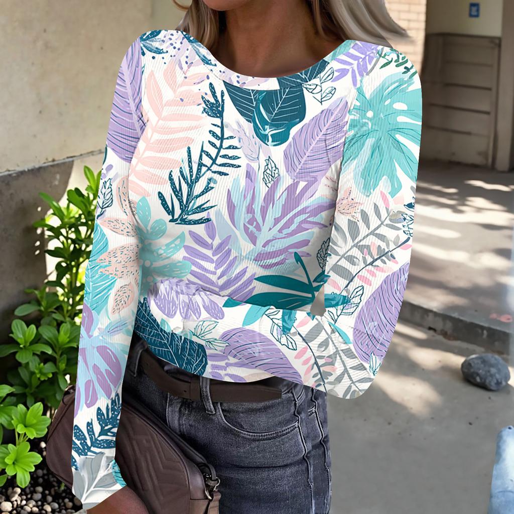 Damen Lässiges Mode-Oberteil mit Rundhalsausschnitt, Hawaiianischem Print und Langen Rippbündchen