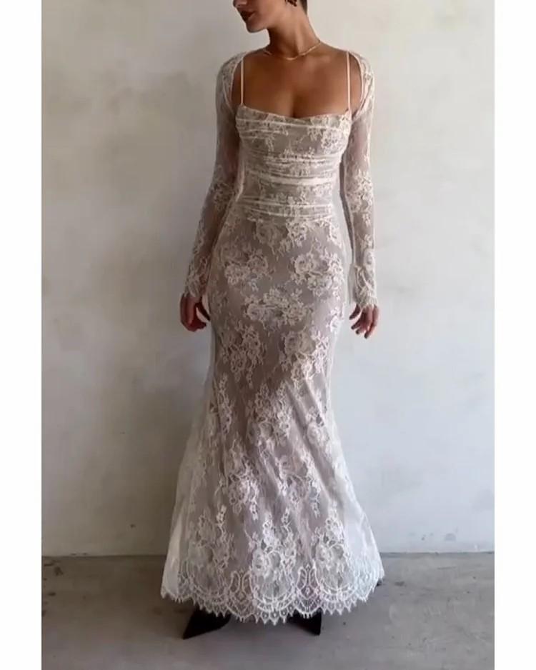 European and American new sexy lace shoulder straps slim perspective dress dress long sleeves