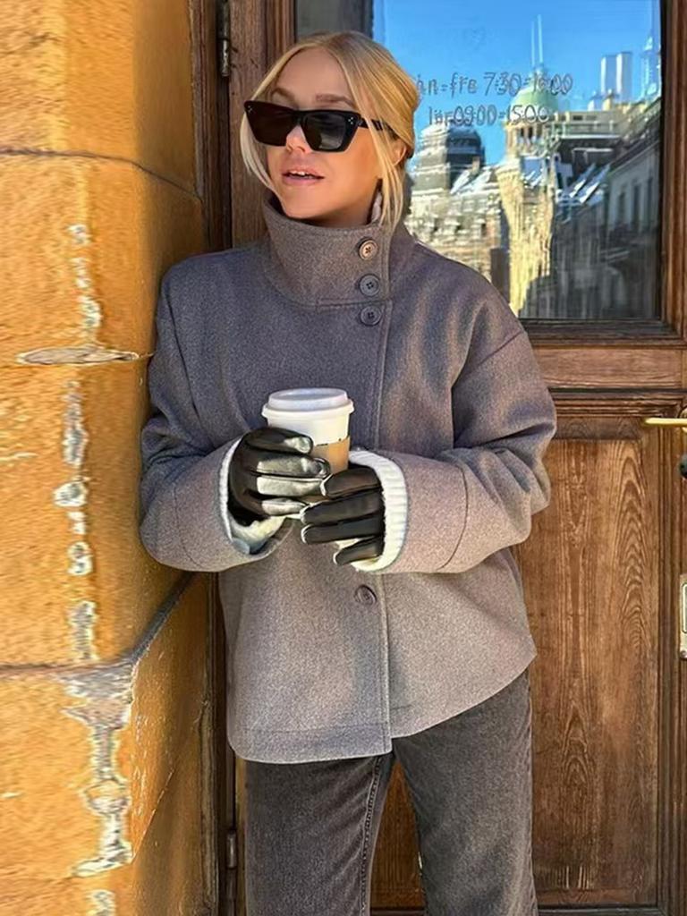 Autumn Winter New Women's Clothing Elegant Graceful Stand Collar Button Long Sleeve Wool Blend Coat Thick