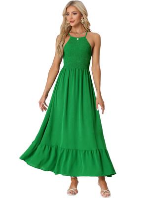 Allegra K Women's Solid Smock Halter Neck Backless Sleeveless Summer Maxi Dress, Green, Size S