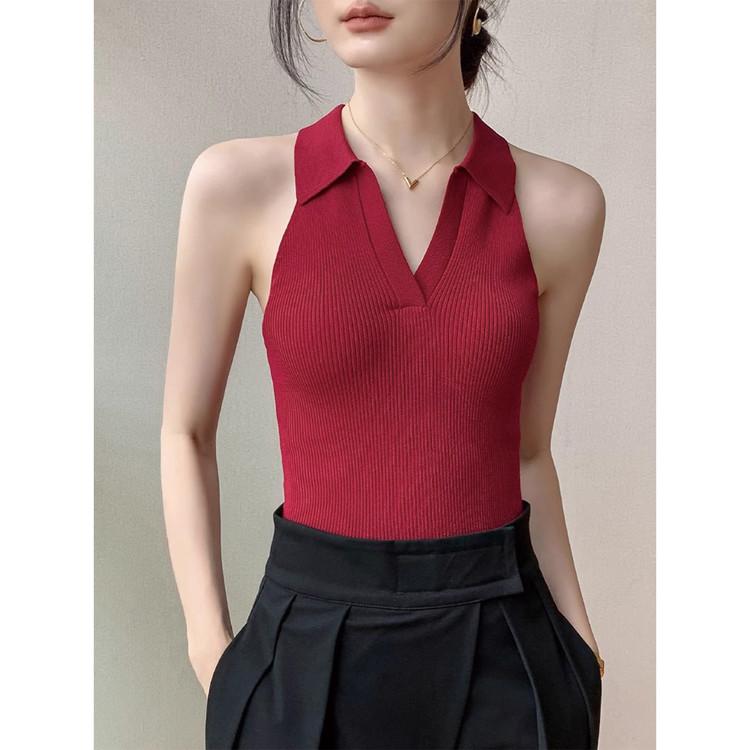 Western Style Slim Fit Fashionable Temperament Age Reducing French European Products Simple and Generous Thin POLO Collar Knitted Vest for Women