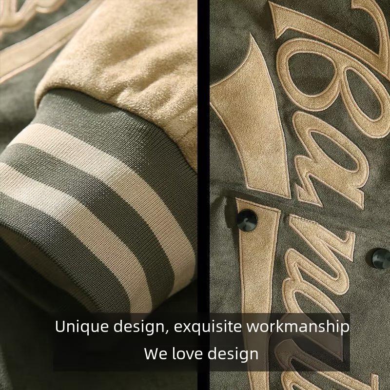 Men's Retro Suede Baseball Jacket - Embroidered Pilot Style for Autumn and Winter