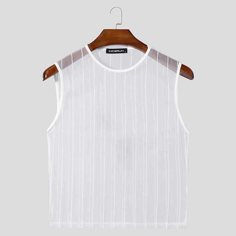 INCERUN Men Sleeveless Fishnet See Through Short Tank Tops Mesh Crop T-shirts