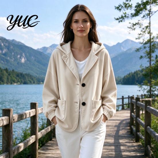 Everyday Layering Piece Autumn Winter Casual Coat, Hoolded Long Sleeve Jacket, Comfortable Commuter Apparel Loose Fit Vertical Corduroy Outerwear with