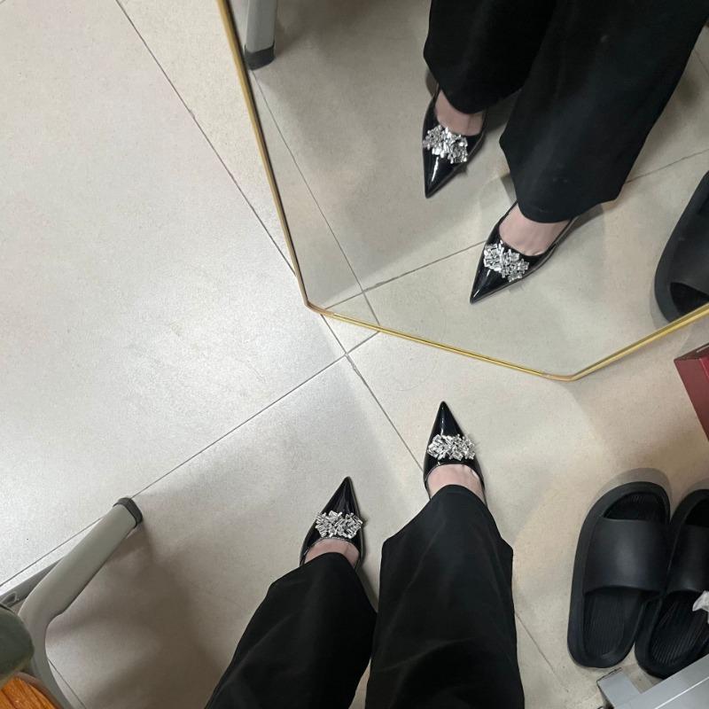 Spring new black high heels pointed temperament rhinestone bag head empty word with sandals female sexy