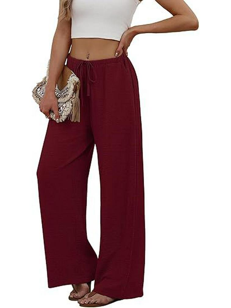 European & American Women's Casual Solid Wide-Leg Beach Pants with Elastic Waist & Pockets