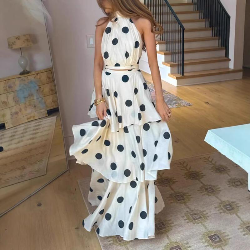 2 Piece Sets Polka Dot Long Dress Women 2026 Summer Sleeveless Top Ruffle Pleated Dress Set Luxury Party Sexy Female Dress Set