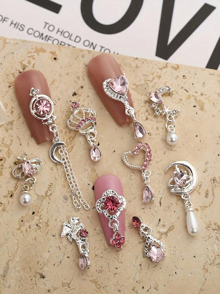 10pcs Luxury Nail Art Charms Set - 3D Alloy Butterfly, Heart, Bow & More with Rhinestones - Perfect for DIY Manicures & Pedicures