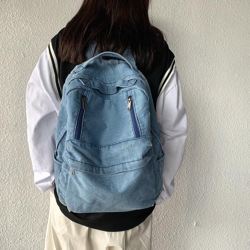 Simple Fengsen Campus Denim Canvas Zipper Casual Backpack Travel Backpack