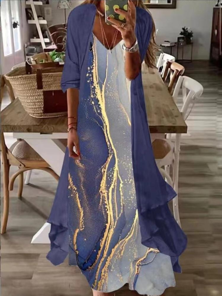 Women's Teal Lace Maxi Dress with Matching Cardigan for Casual Wear